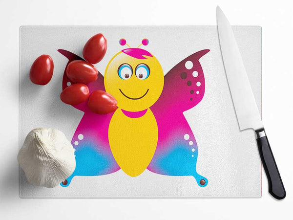 Butterfly Cartoon Face White Glass Chopping Board