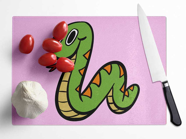 Cartoon Snake Pink Glass Chopping Board