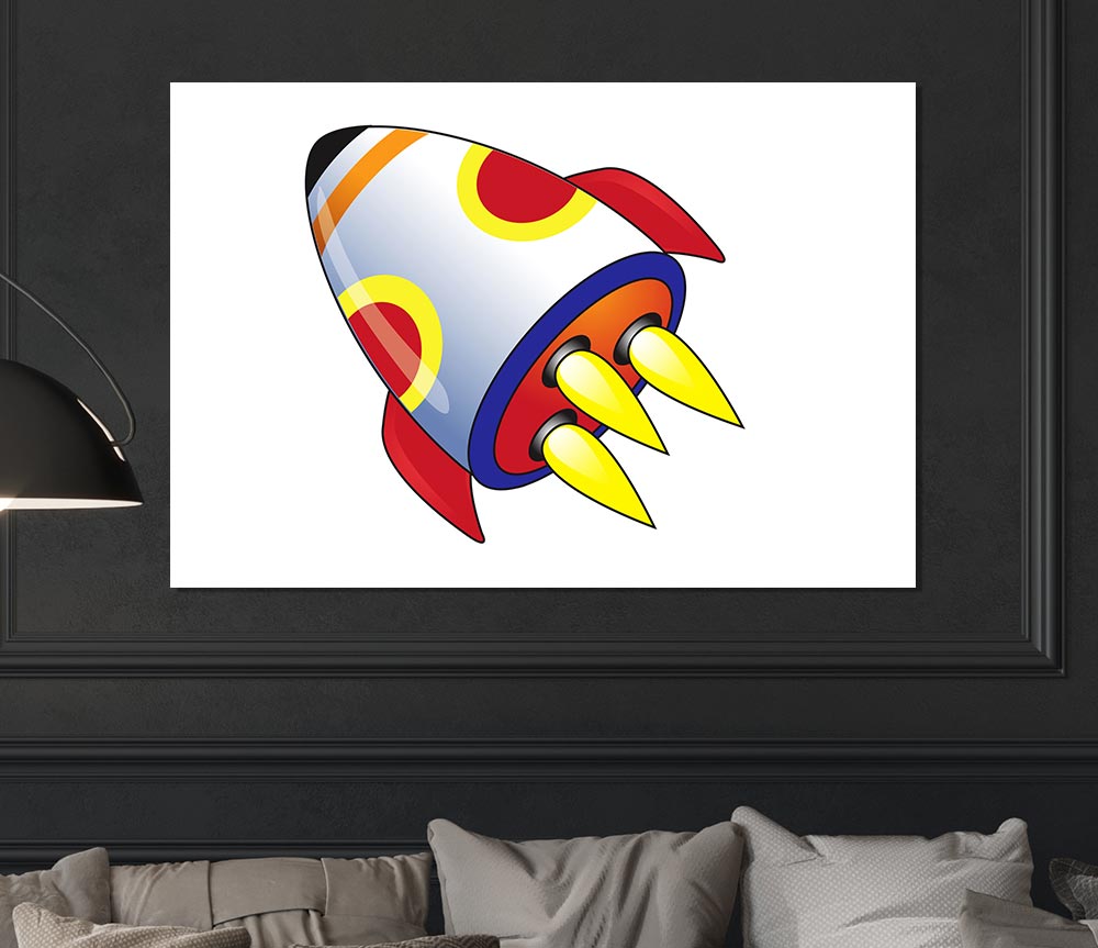 Flying Rocket Ship White Print Poster Wall Art