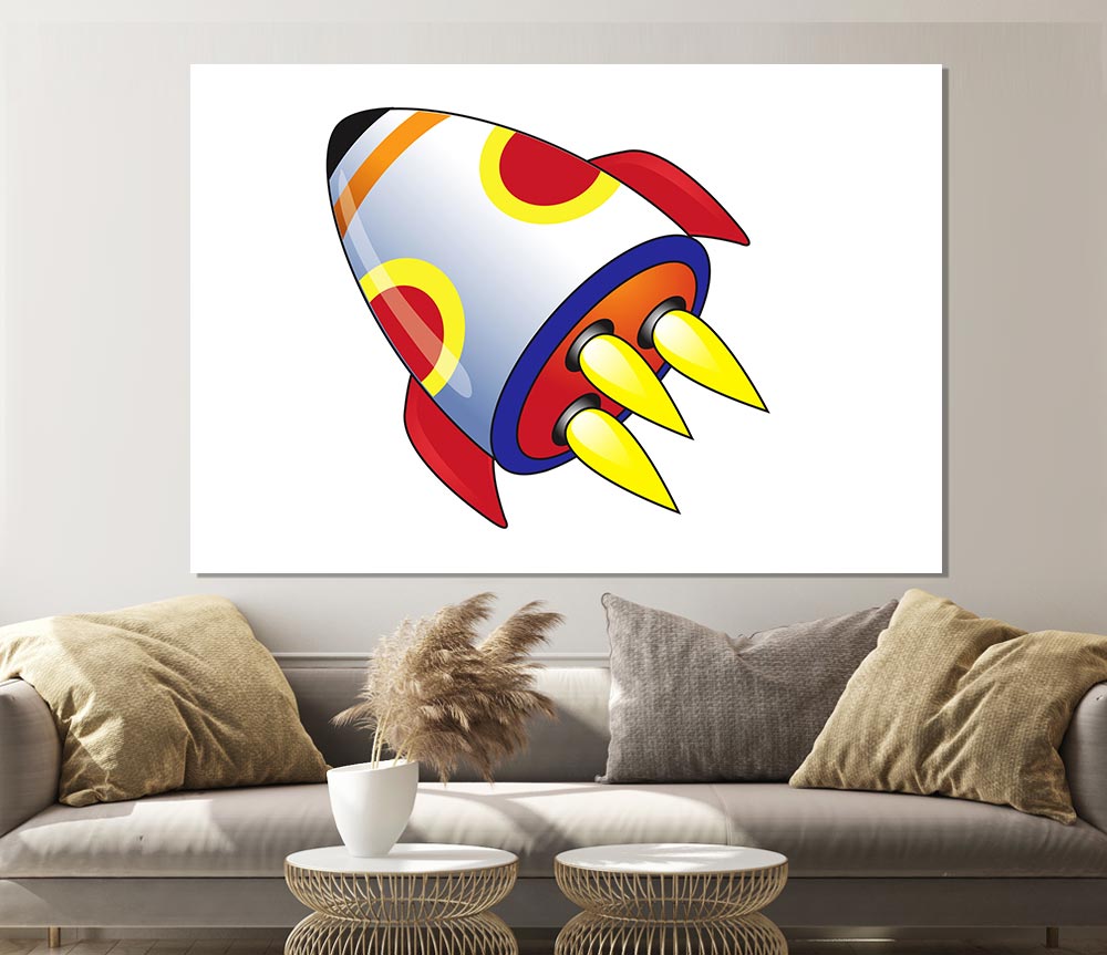 Flying Rocket Ship White Print Poster Wall Art