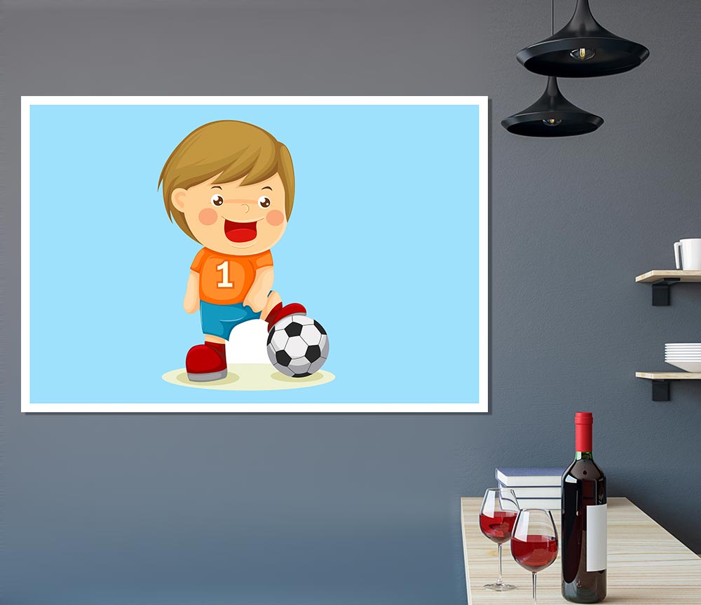 Footballer Standing On Ball Baby Blue Print Poster Wall Art