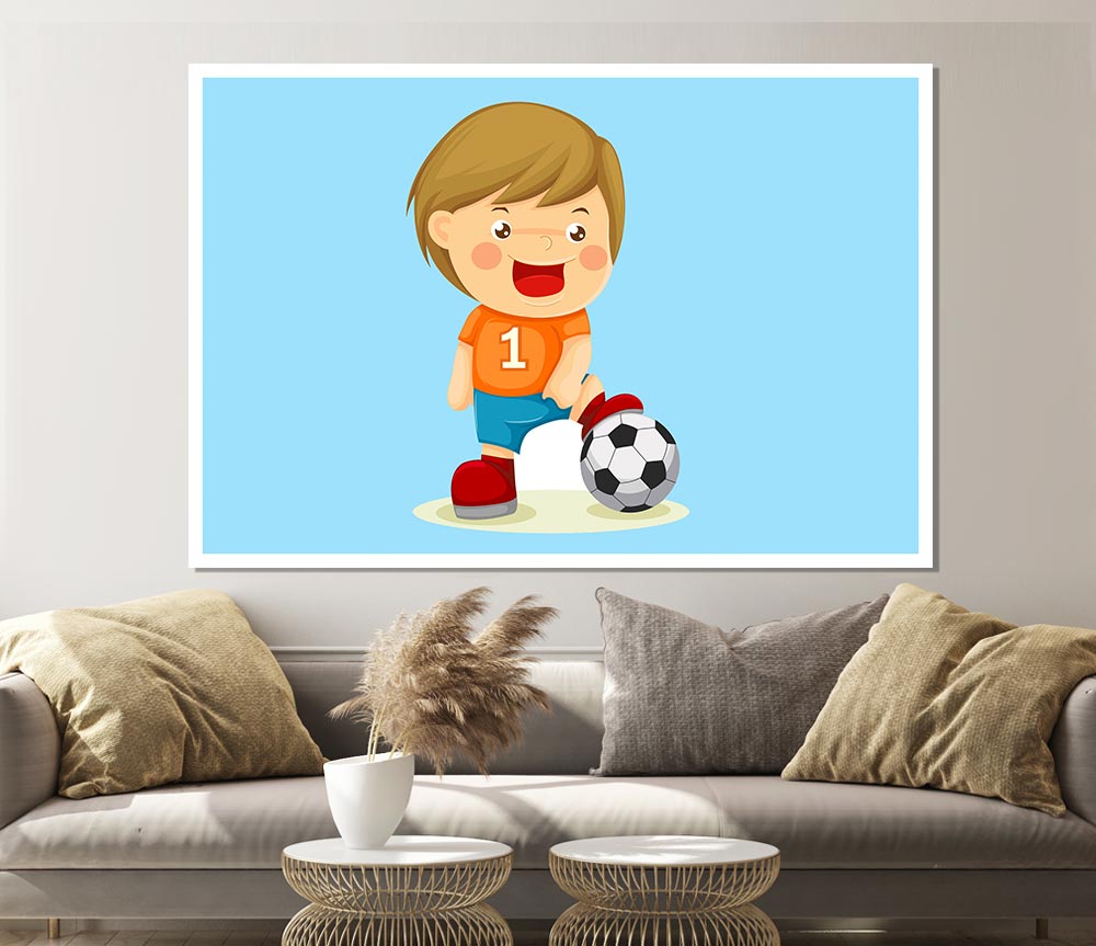 Footballer Standing On Ball Baby Blue Print Poster Wall Art