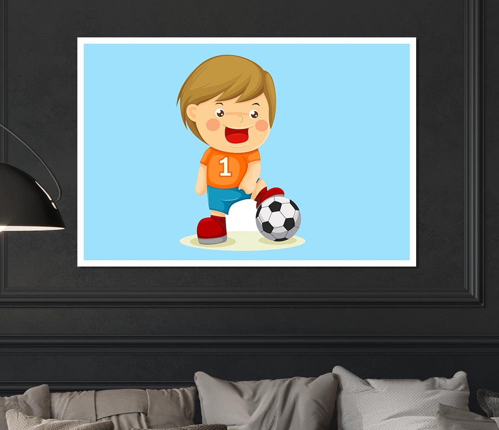 Footballer Standing On Ball Baby Blue Print Poster Wall Art