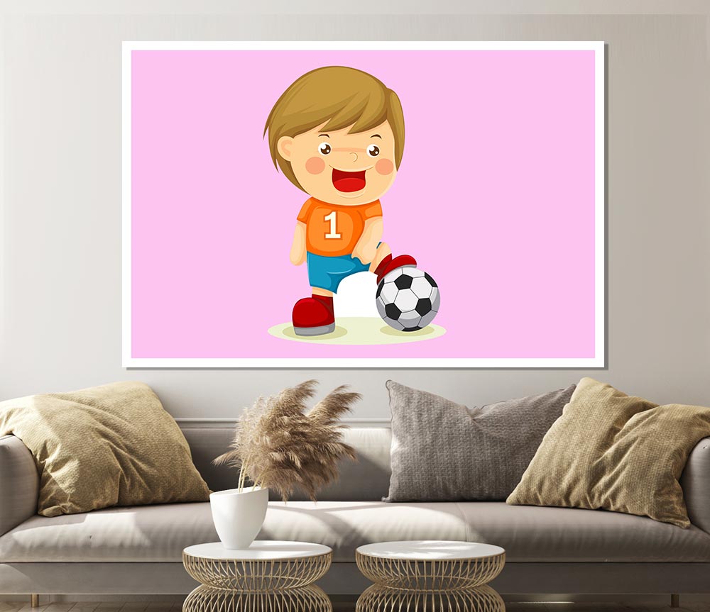 Footballer Standing On Ball Pink Print Poster Wall Art