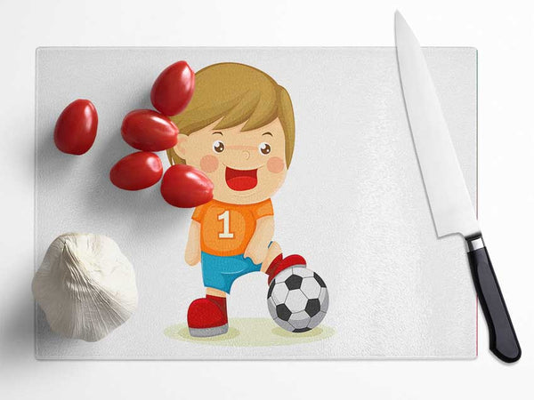 Footballer Standing On Ball White Glass Chopping Board