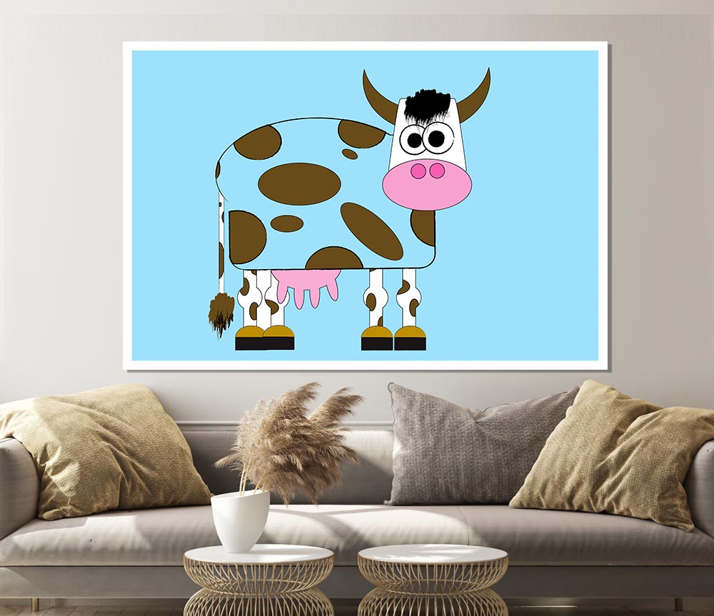 Funny Cow With Hair Baby Blue Print Poster Wall Art