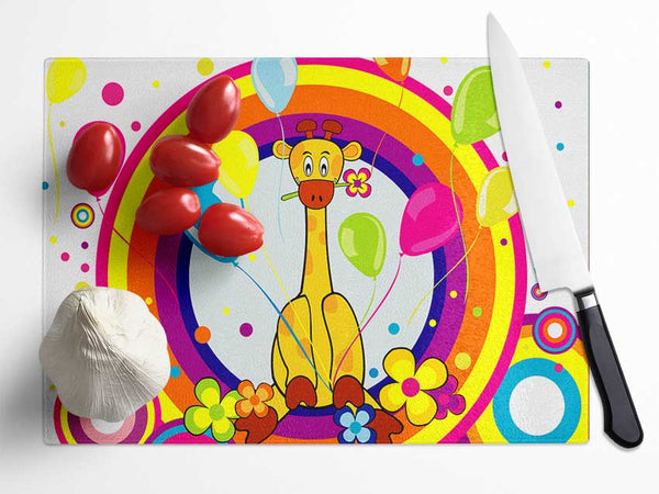 Giraffe Balloon Circles White Glass Chopping Board