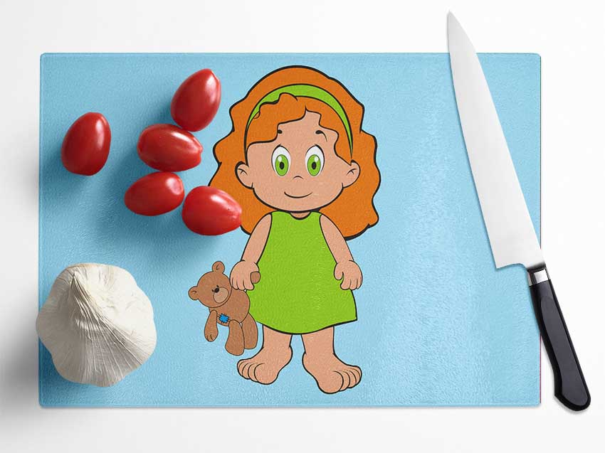 Girl With Teddy Bear Baby Blue Glass Chopping Board