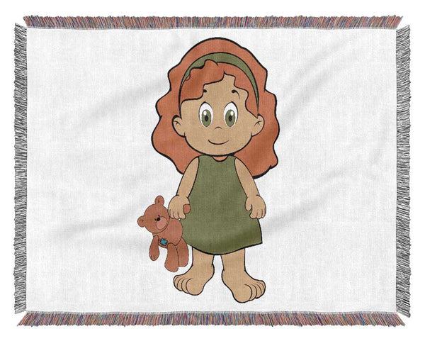 Girl With Teddy Bear Pink Woven Blanket