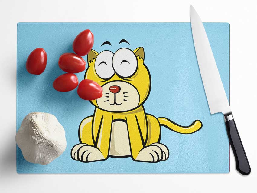 Happy Cat Sitting Baby Blue Glass Chopping Board