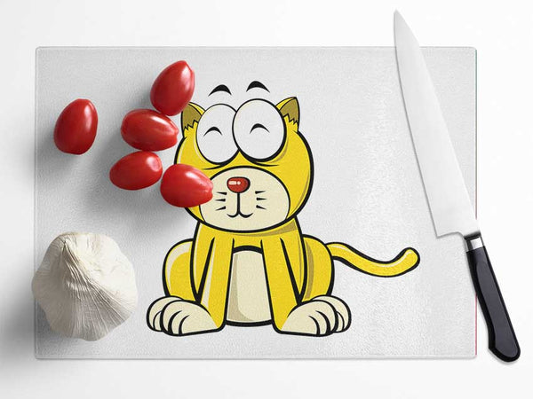 Happy Cat Sitting White Glass Chopping Board