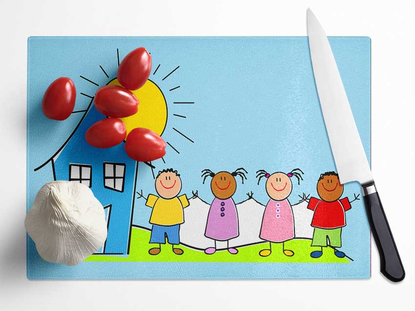 Happy Children In The Sun Baby Blue Glass Chopping Board