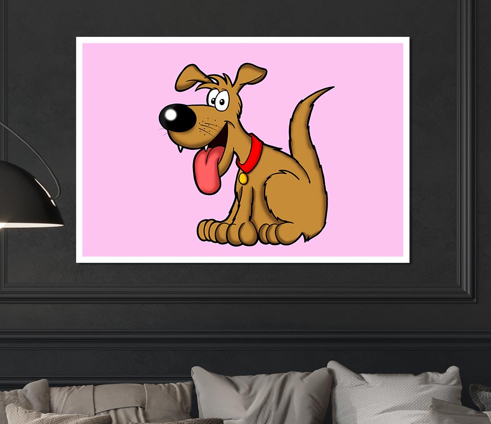 Happy Dog Cartoon With Tongue Out Pink Print Poster Wall Art