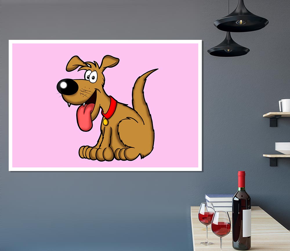 Happy Dog Cartoon With Tongue Out Pink Print Poster Wall Art