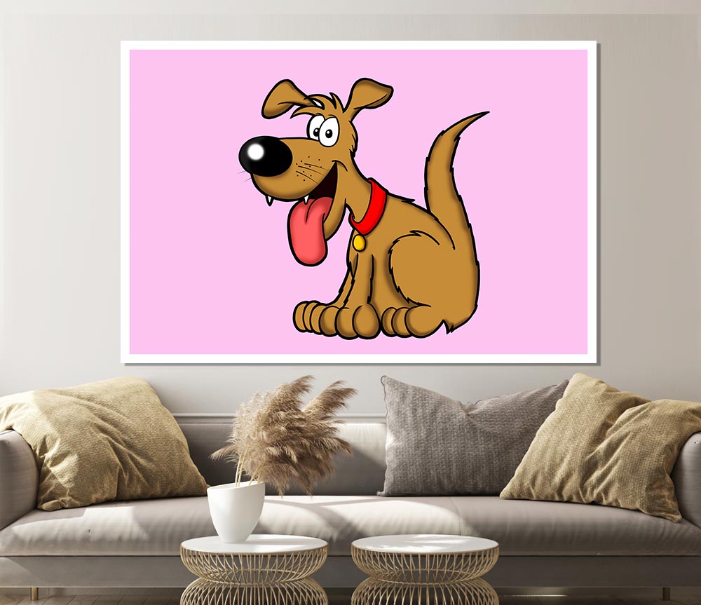 Happy Dog Cartoon With Tongue Out Pink Print Poster Wall Art