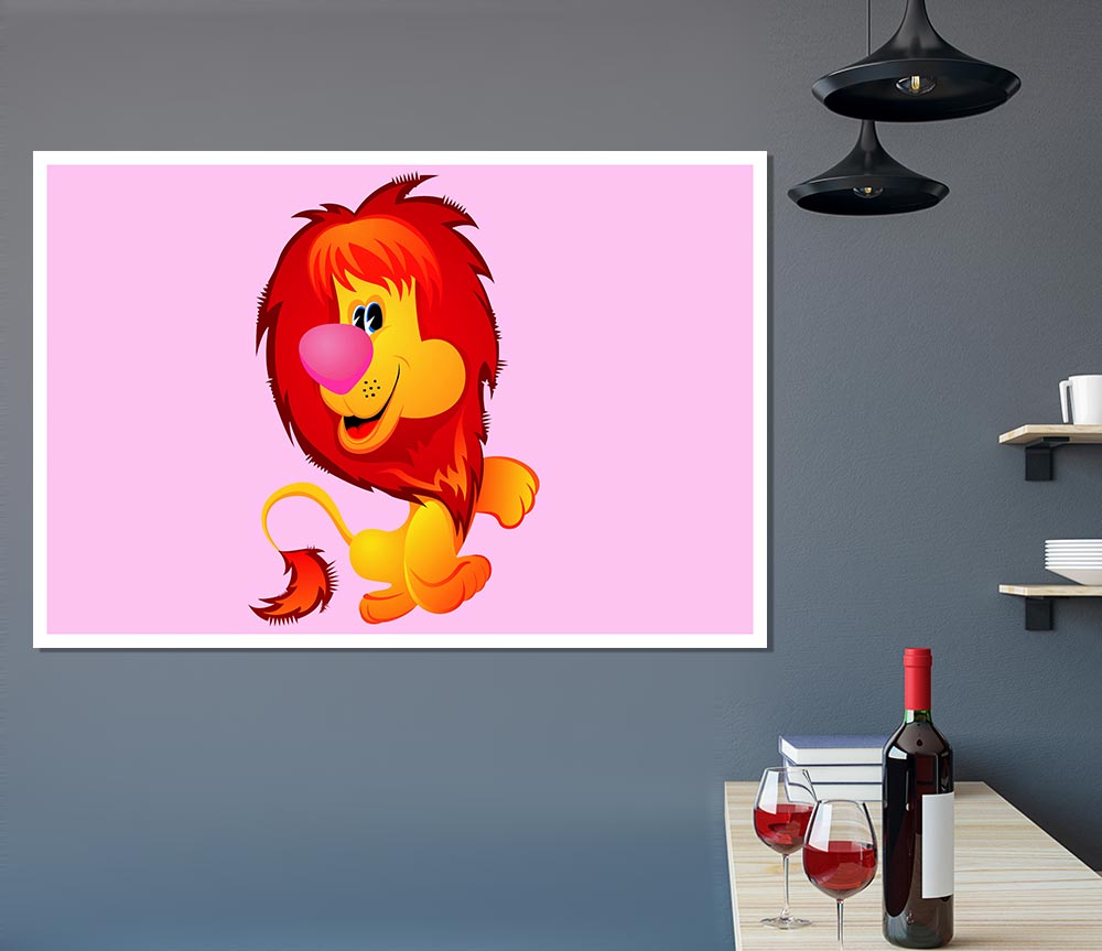 Happy Lion Pink Print Poster Wall Art