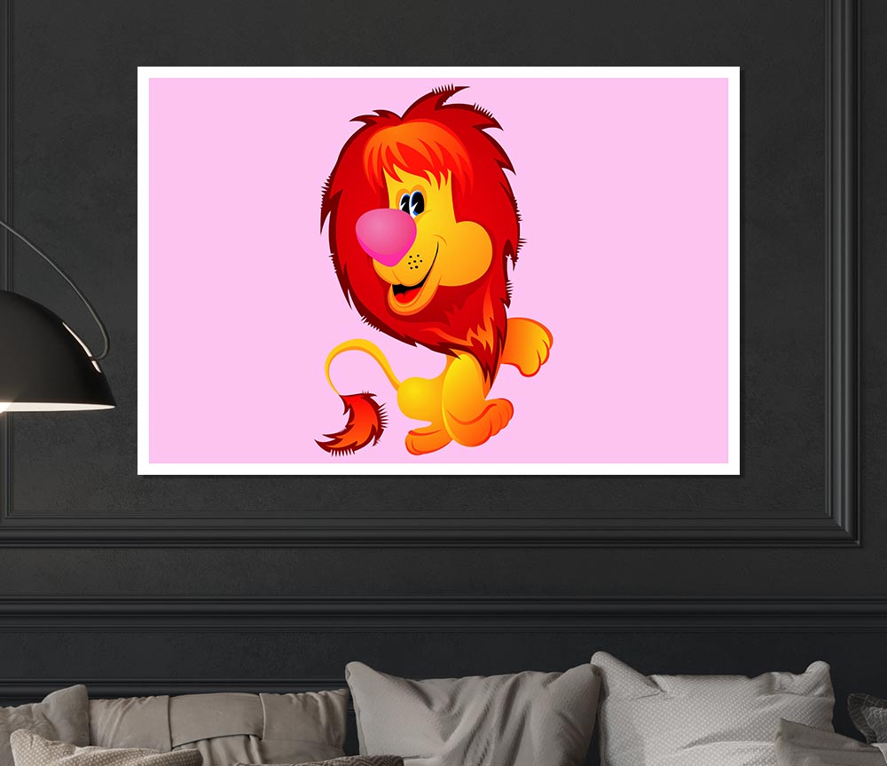 Happy Lion Pink Print Poster Wall Art