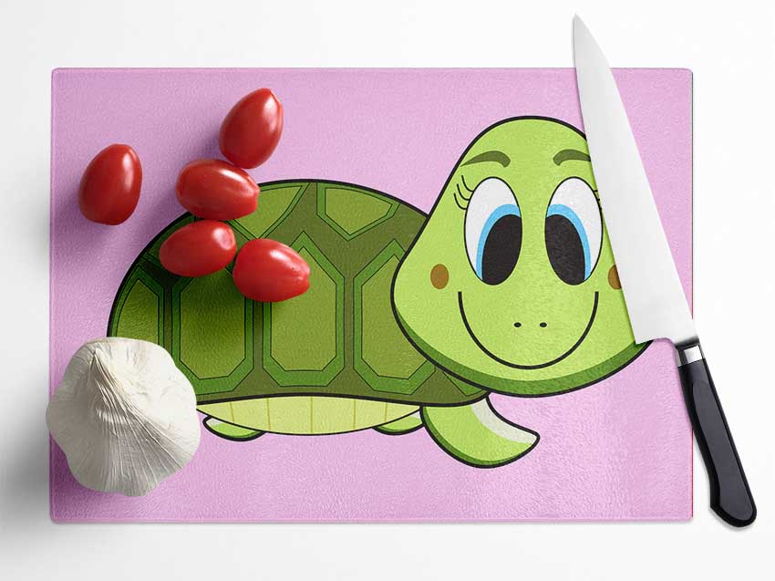 Happy Turtle Pink Glass Chopping Board