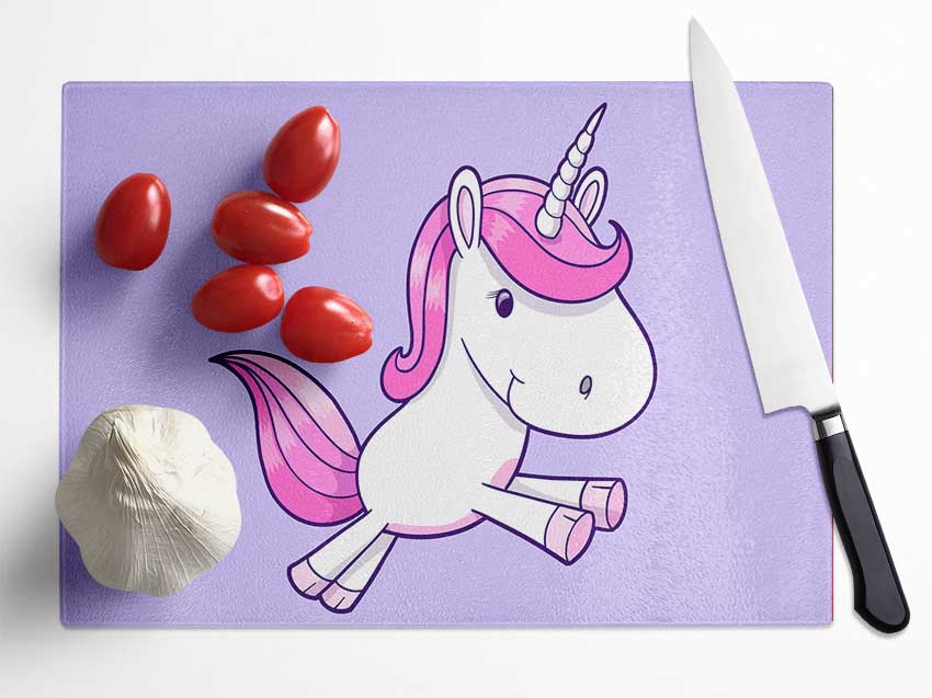 Leaping Unicorn Lilac Glass Chopping Board