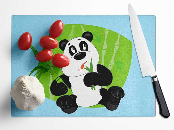 Panda Eating Bamboo Baby Blue Glass Chopping Board