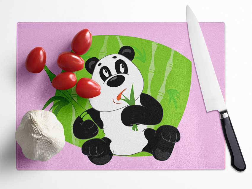 Panda Eating Bamboo Pink Glass Chopping Board