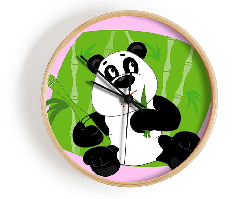 Panda Eating Bamboo Pink Clock - Wallart-Direct UK