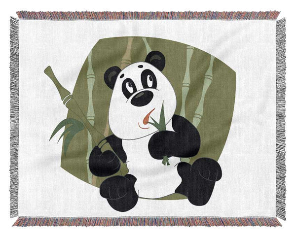 Panda Eating Bamboo White Woven Blanket