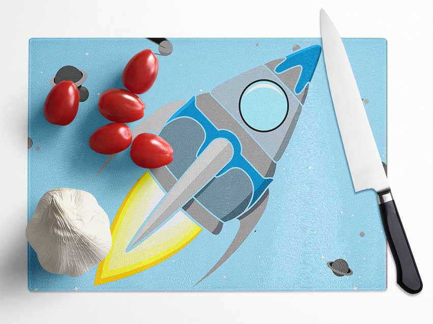 Rocket Ship Baby Blue Glass Chopping Board