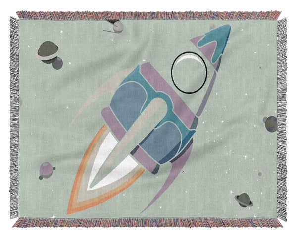 Rocket Ship Baby Blue Woven Blanket