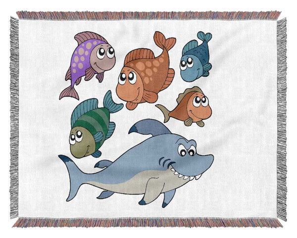 Shark And Fish White Woven Blanket