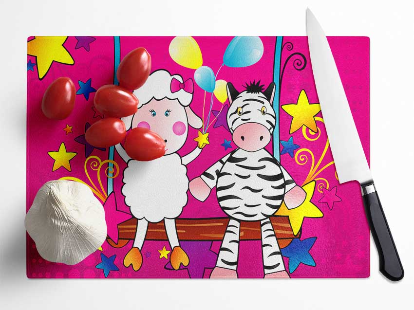 Sheep And Zebra On Swing Celebration White Glass Chopping Board