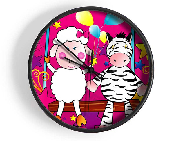 Sheep And Zebra On Swing Celebration White Clock - Wallart-Direct UK