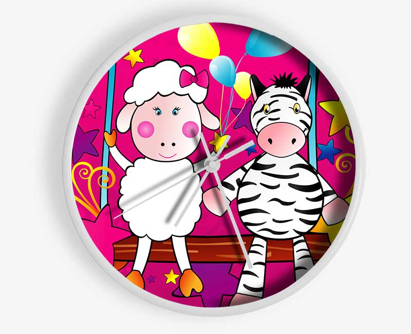 Sheep And Zebra On Swing Celebration White Clock - Wallart-Direct UK