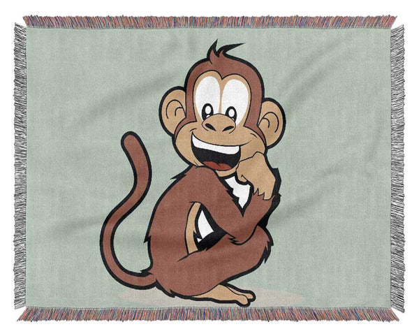 Sitting Monkey Smiling Baby Blue Woven Blanket