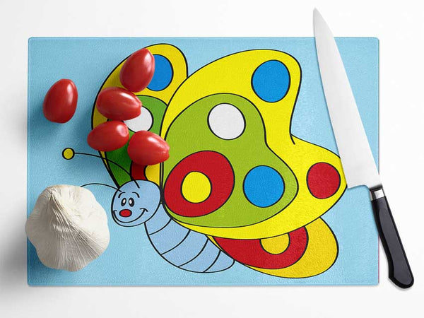 Smiling Flying Caterpilla Baby Blue Glass Chopping Board