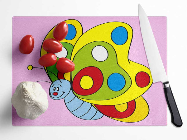 Smiling Flying Caterpilla Pink Glass Chopping Board