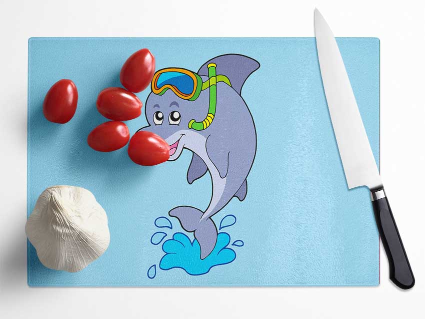 Snorkeling Dolphin Baby Blue Glass Chopping Board