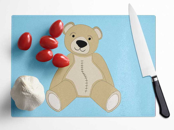 Stitched Up Teddy Baby Blue Glass Chopping Board