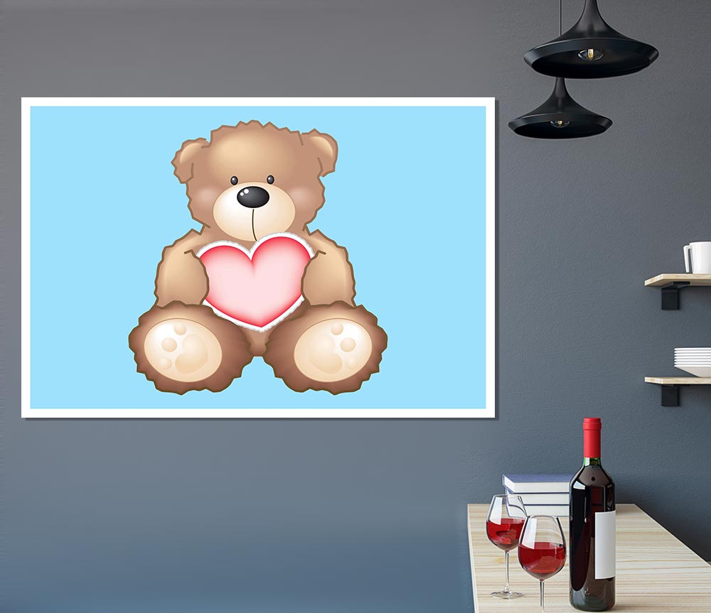 Teddy Bear Love Heart Baby Blue Print Poster Wall Art