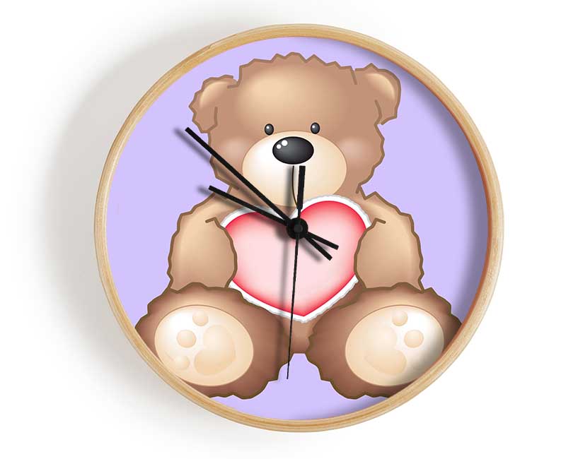 Teddy Bear Love Heart Lilac Clock - Wallart-Direct UK