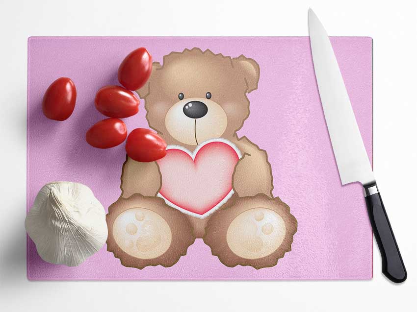 Teddy Bear Love Heart Pink Glass Chopping Board