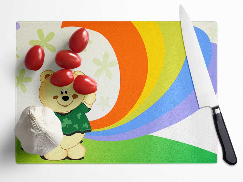 Waving Rainbow Bear Lilac Glass Chopping Board