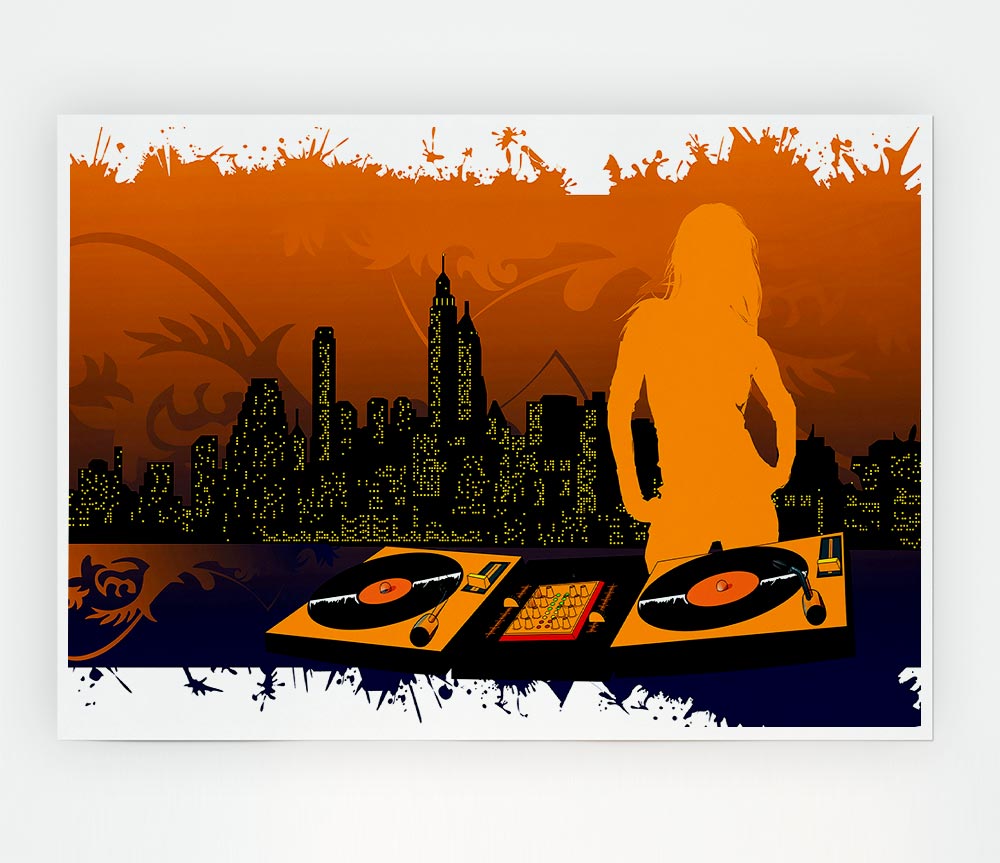 Dj City Babe Orange Print Poster Wall Art