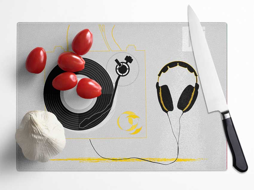 Dj Turn Style And Headphones Glass Chopping Board