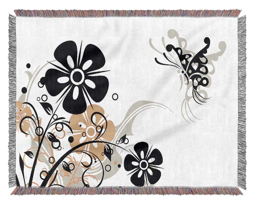 Black Flower Butterfly Woven Blanket