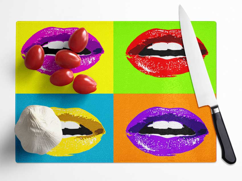 Vibrant Pop Art Lips Glass Chopping Board