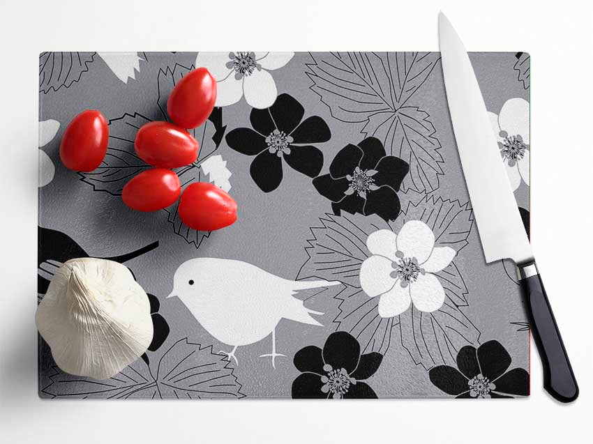 Songbird Petals Grey Glass Chopping Board