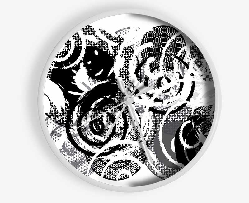 Swirls Of Circles B n W Clock - Wallart-Direct UK