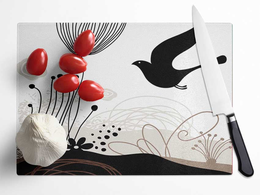 Bird In The Chocolate Garden Glass Chopping Board