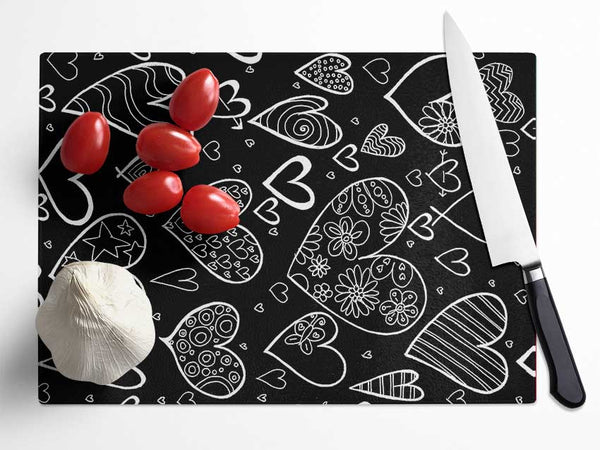 Hearts White On Black Glass Chopping Board